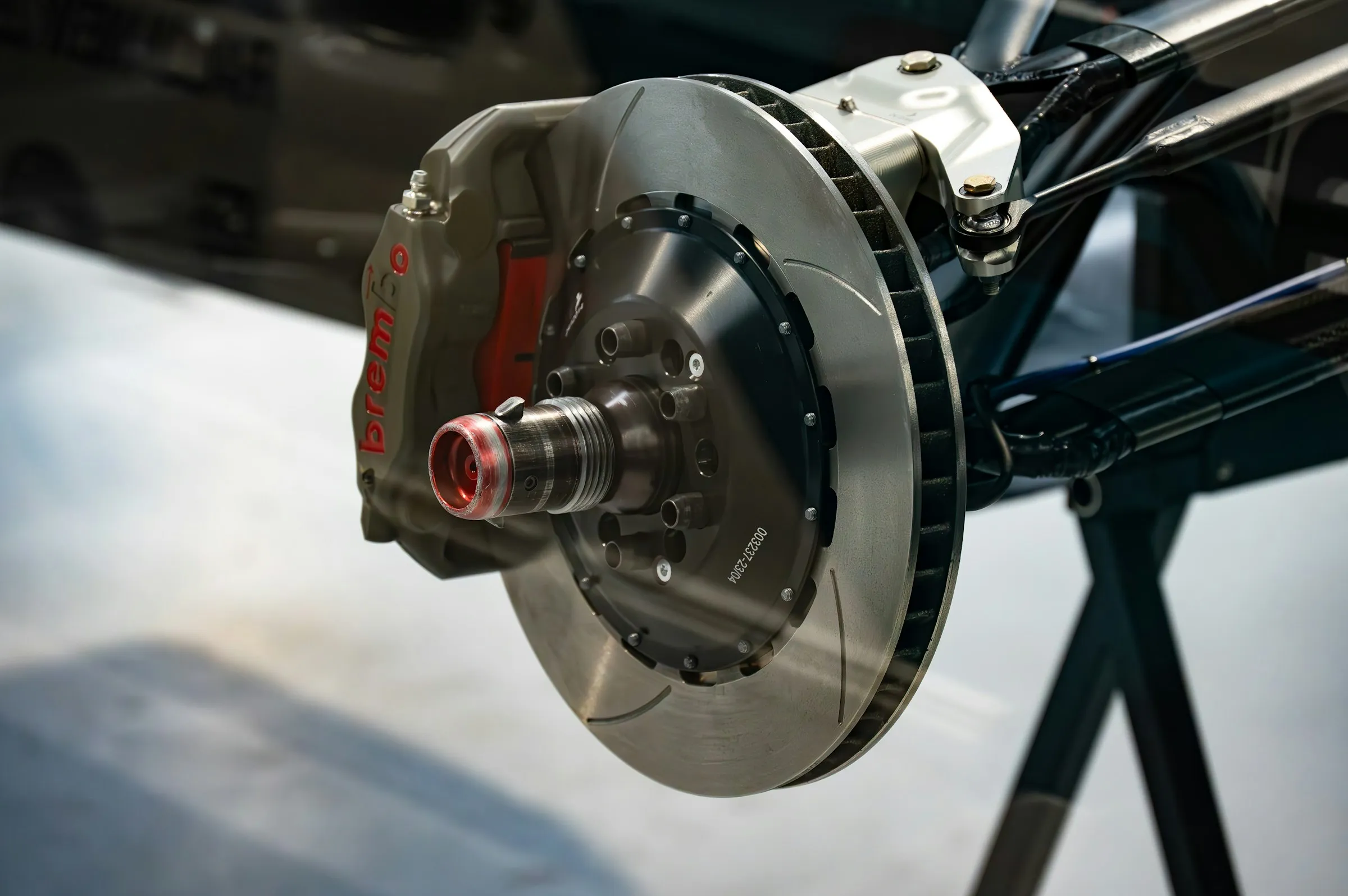 Close-up of a car brake rotor and caliper