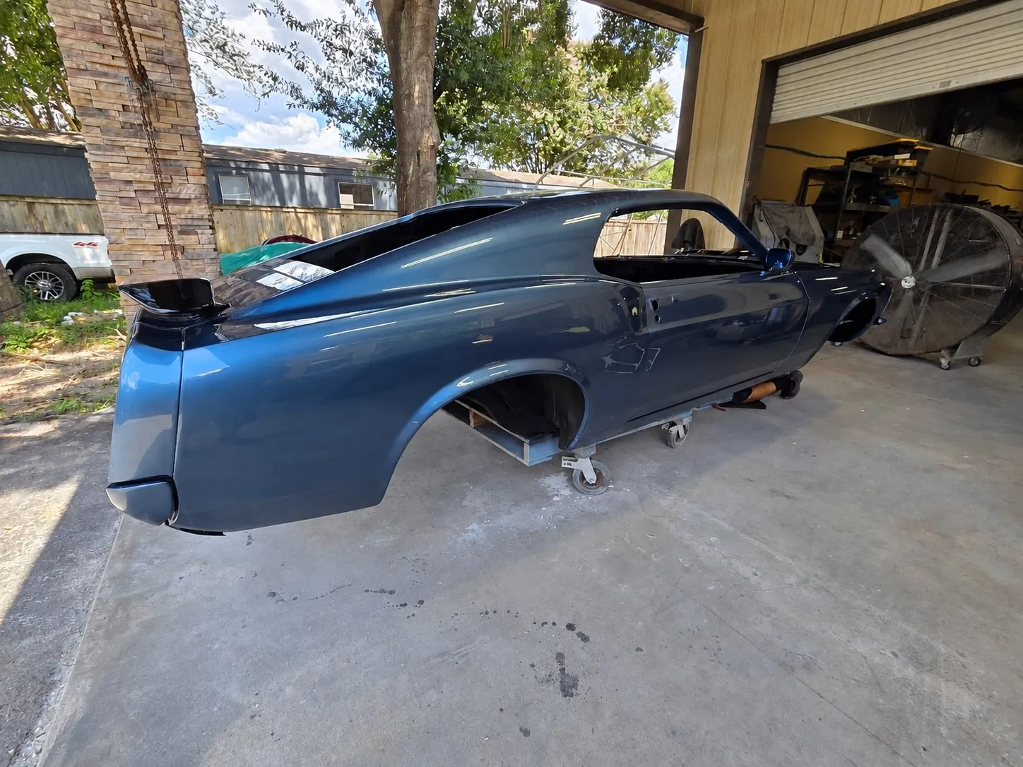 Ford Mustang fastback body shell during body and paint work at Brix Auto, Tomball, TX
